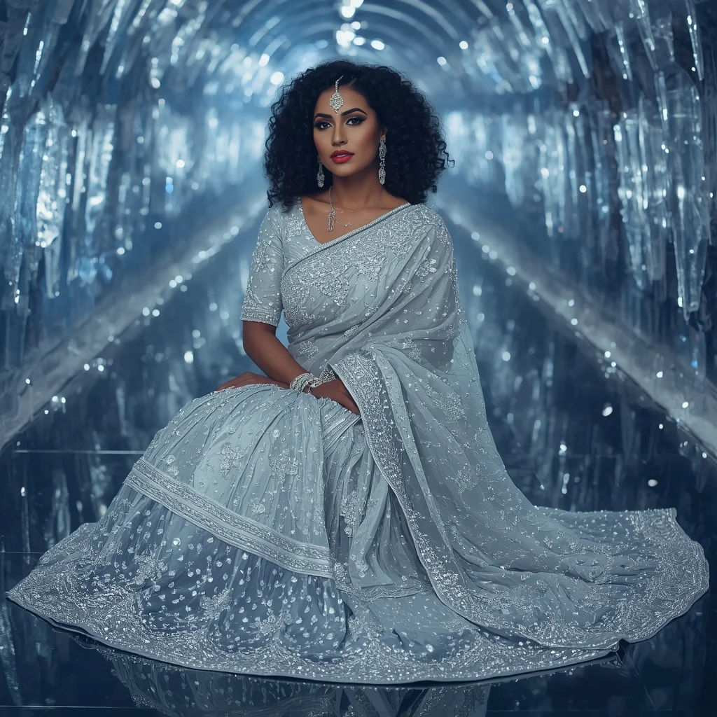 Premium Silver Snowfall Saree with Dramatic Floor Editorial Spiral Curl and Frozen Reflection Tunnel Background | Indian Girl Ai Prompt