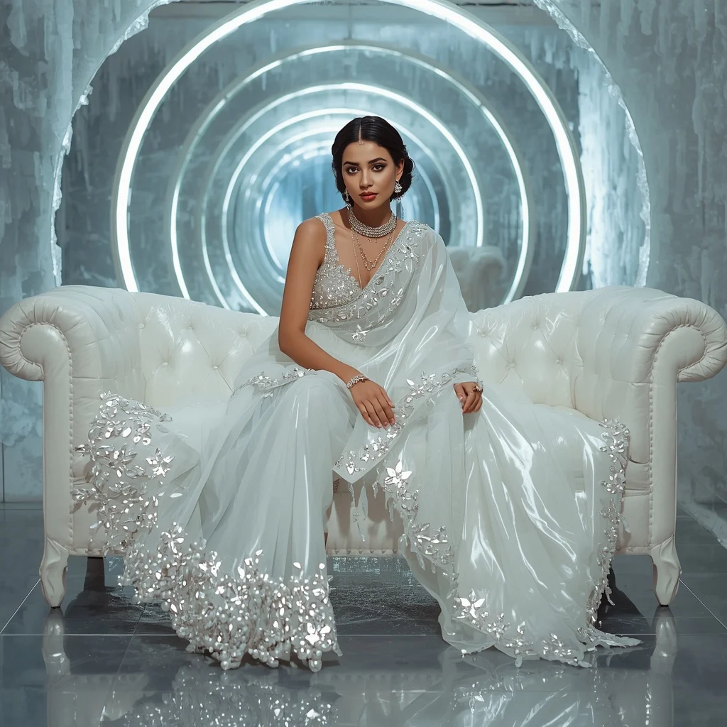 Premium White Halo Crystal Saree with Elegant Sofa Editorial Air Twist and Frozen Reflection Tunnel Background | Ai Image Prompt