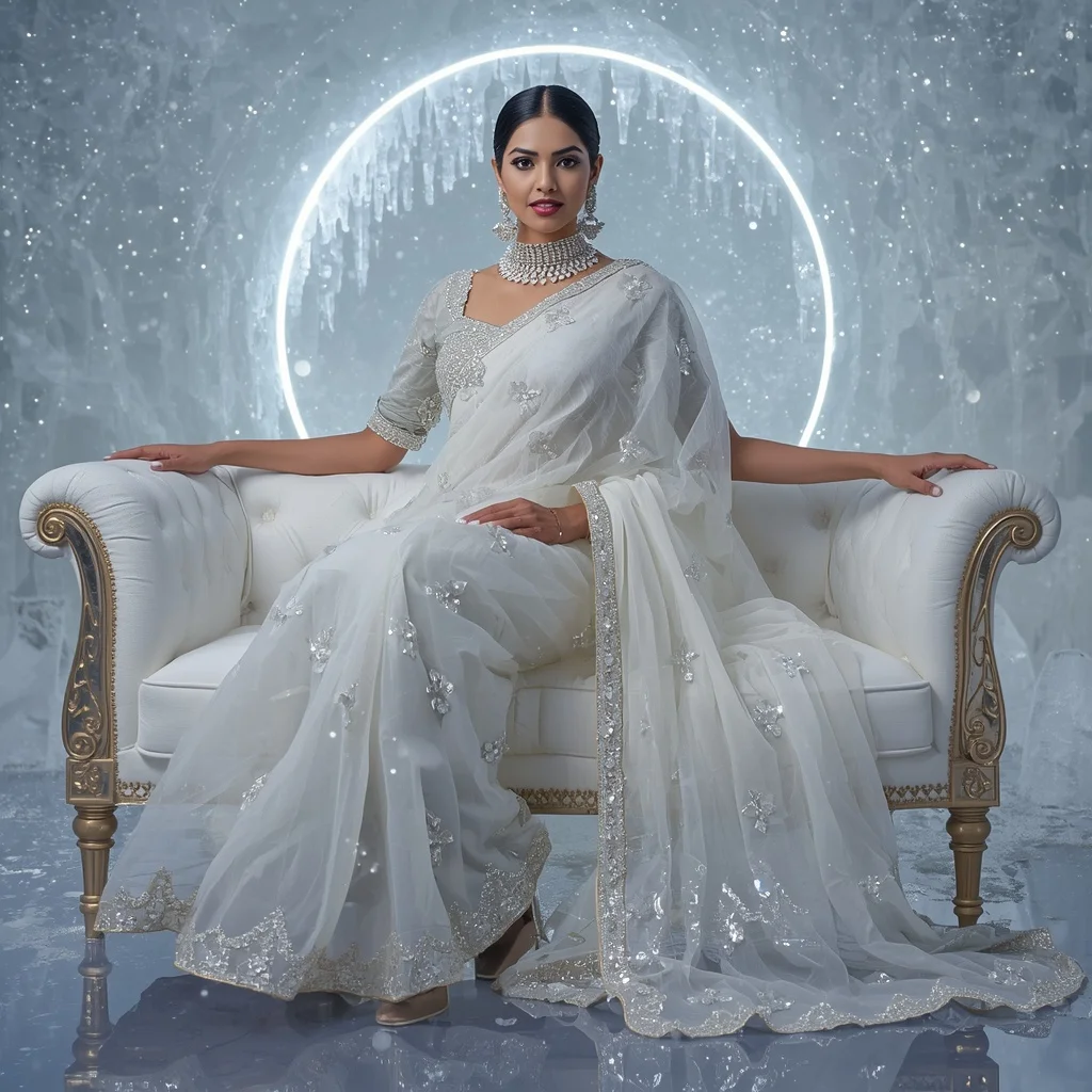 Premium White Halo Crystal Saree with Elegant Sofa Editorial Curl and Frozen Reflection Dome Background | Prompt For Gemini AI Girl Style Trending Indian