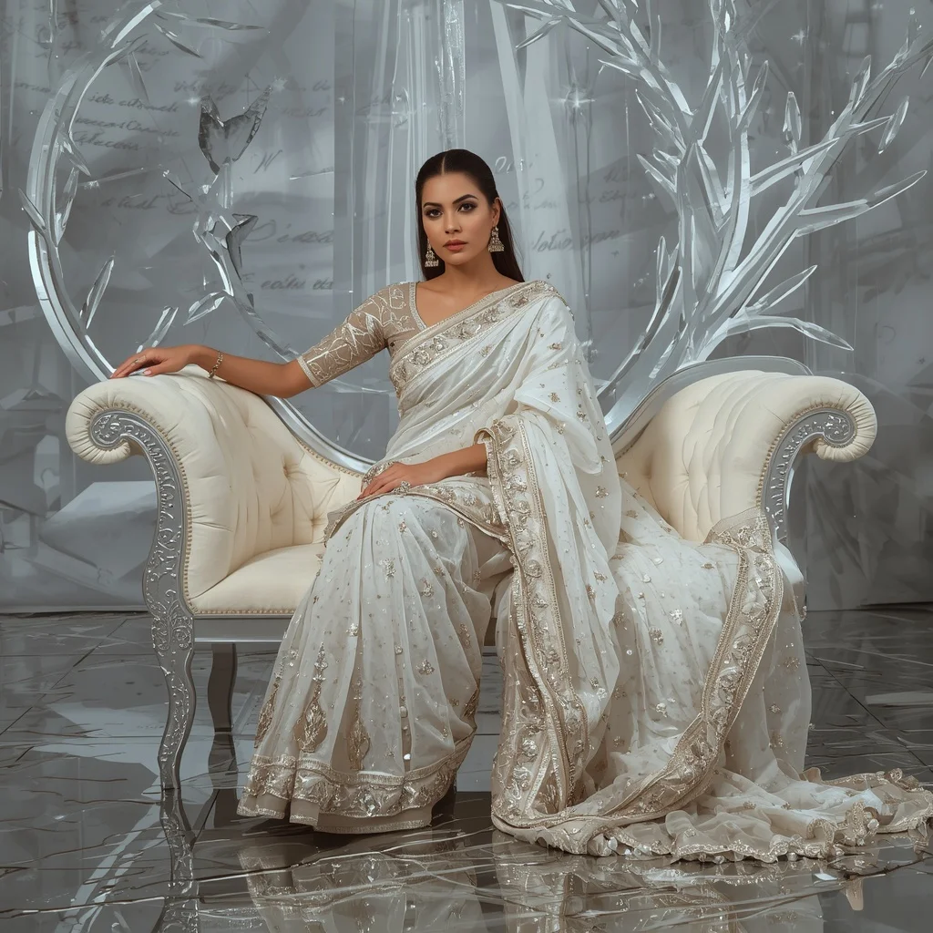 Premium White Halo Crystal Saree with Elegant Sofa Editorial Spiral and Frozen Reflection Palace Background | Selfie Prompt
