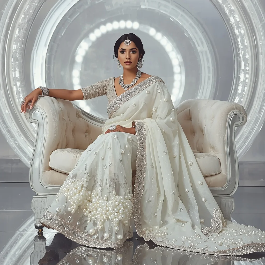 Premium White Halo Pearl Saree with Elegant Sofa Editorial Spiral and Frozen Reflection Ring Background | Girls Trending Prompt Gemini Instagram
