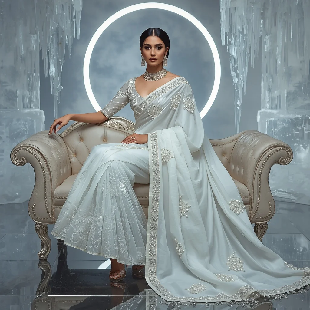 Premium White Halo Pearl Saree with Elegant Sofa Editorial Walk and Frozen Reflection Palace Background | Desi Girl Ai Prompt