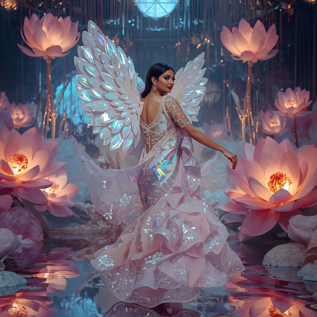 Prism Lotus Wing Saree with Floating Floral Reflection Kingdom | Prompt For Girl In Saree Pic