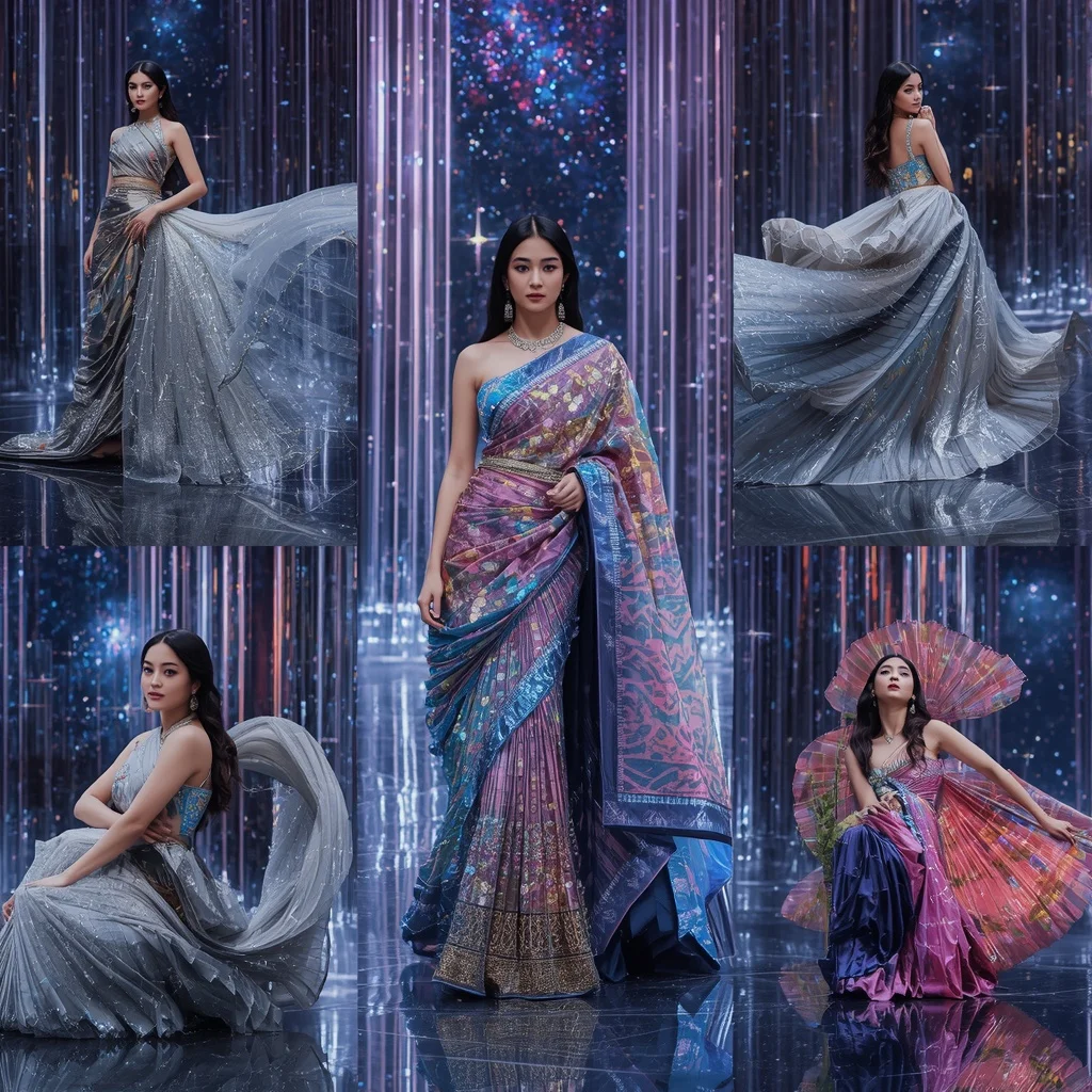 Prism Storm Couture Saree with Digital Laser Infinity Crystal Galaxy | Youtube Thumbnail Ai Prompt