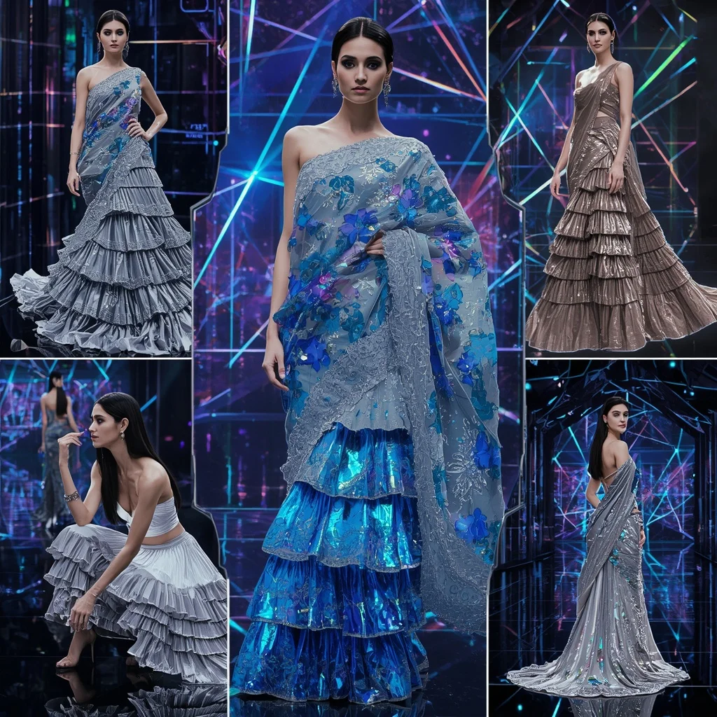 Prism Storm Couture Saree with Digital Laser Infinity Empire | Gemini Saree Prompt For Woman