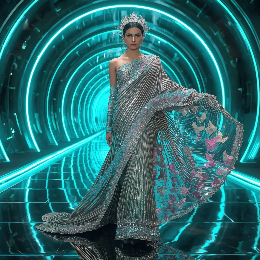 Quantum Aurora Empress Saree with Floating Neon Infinity Fortress | Best Saree Prompt For Gemini Girl
