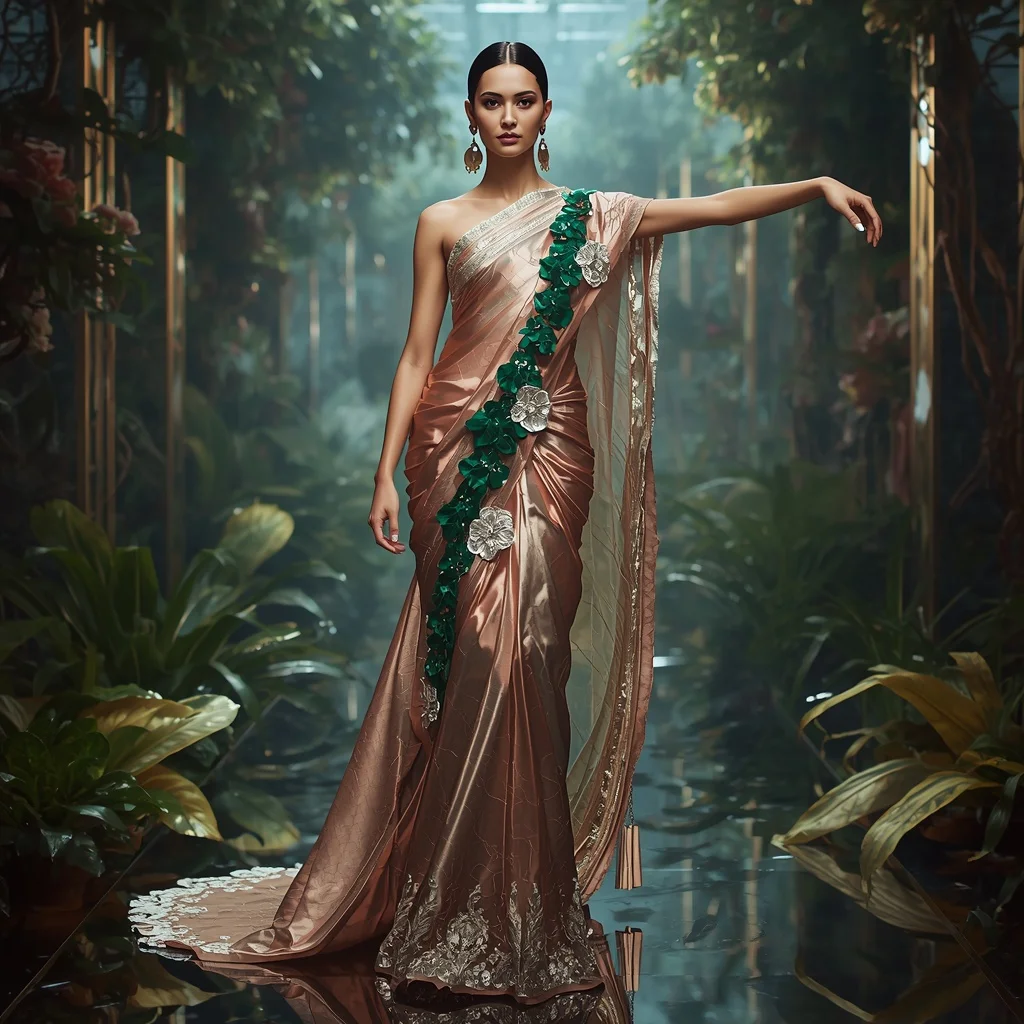 Quantum Blossom Alloy Saree with Floating Botanical Matrix | Gemini Ai Photo Prompt Copy Paste