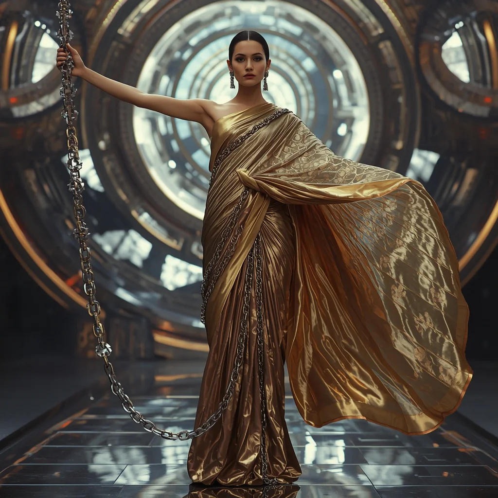 Quantum Chain Silk Alloy Saree with Orbital Machine Cathedral | Copy Paste Ai Prompt