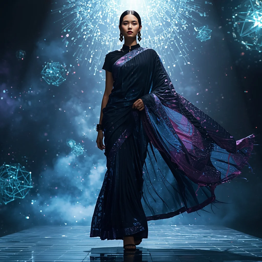 Quantum Crystal Fabric Saree with Floating Data Void Dome | Gemini Prompt