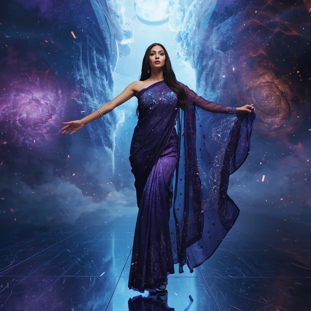 Quantum Dust Nebula Saree with Floating Particle Void Chamber | Ultra Realistic Ai Prompt