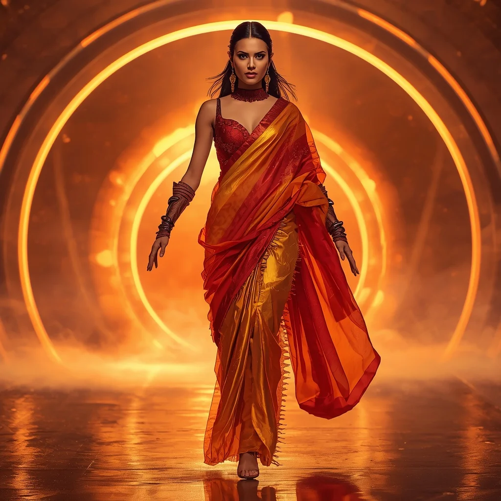 Quantum Ember Silk Saree with Solar Rift Horizon Chamber | Ai Portrait Prompt