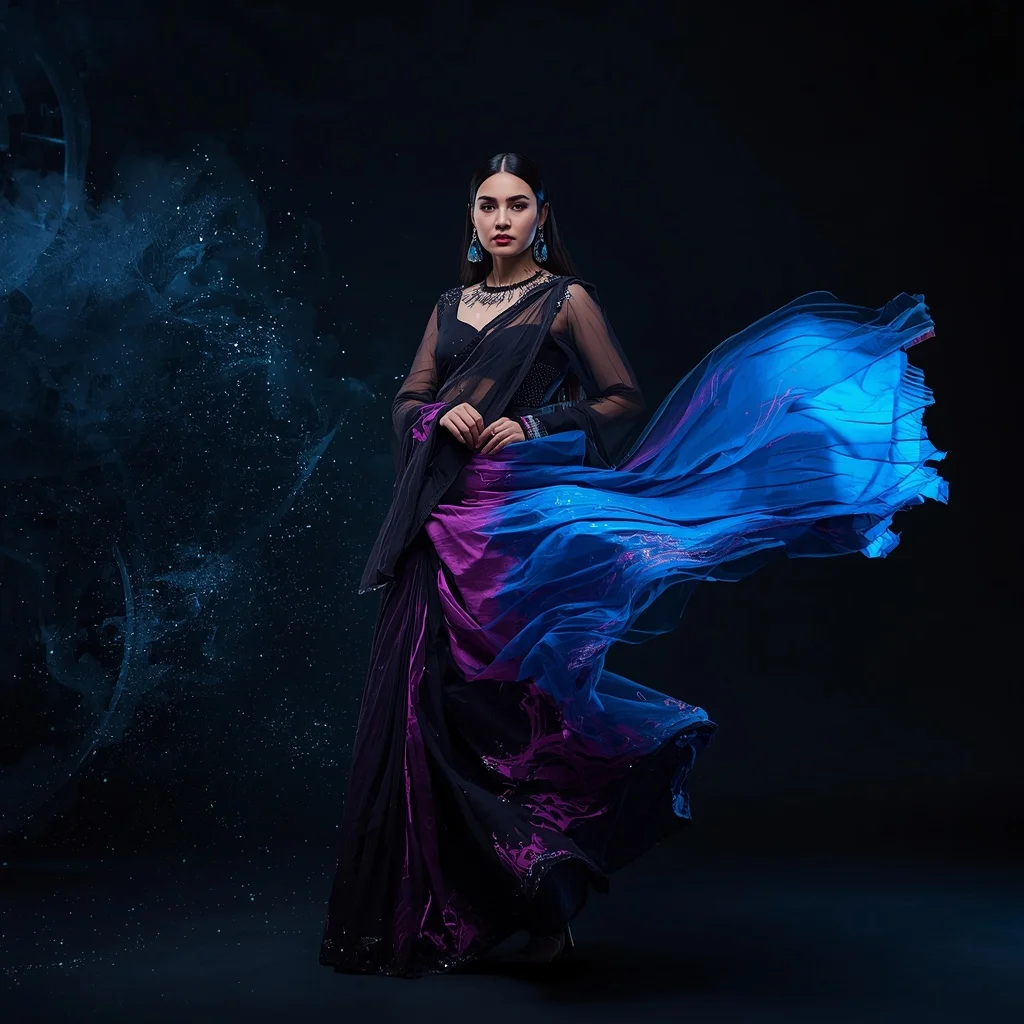Quantum Ink Bloom Saree with Floating Black Particle Field | Leonardo Ai Image Prompt