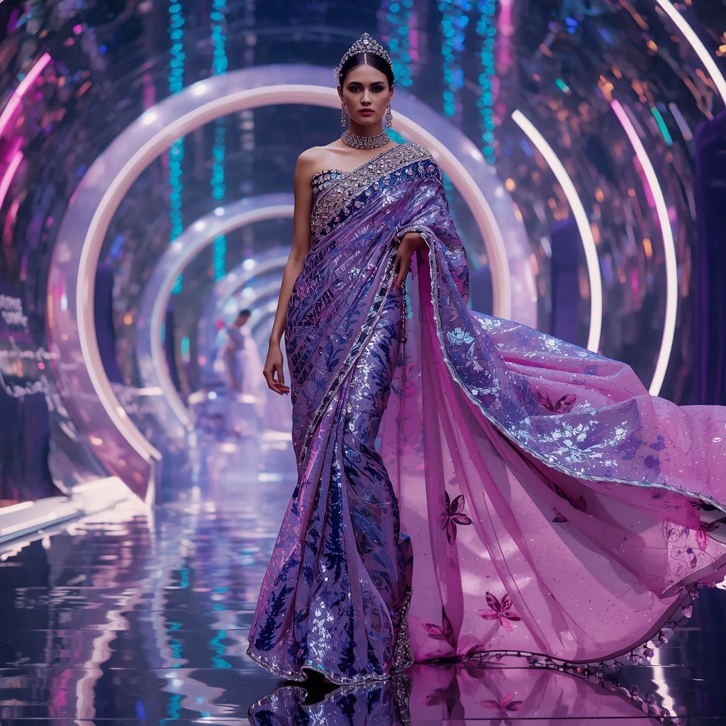 Quantum Lotus Spiral Saree with Floating Infinity Rings and Neon Crystal Streams | Prompt Seen Trending Girl Instagram