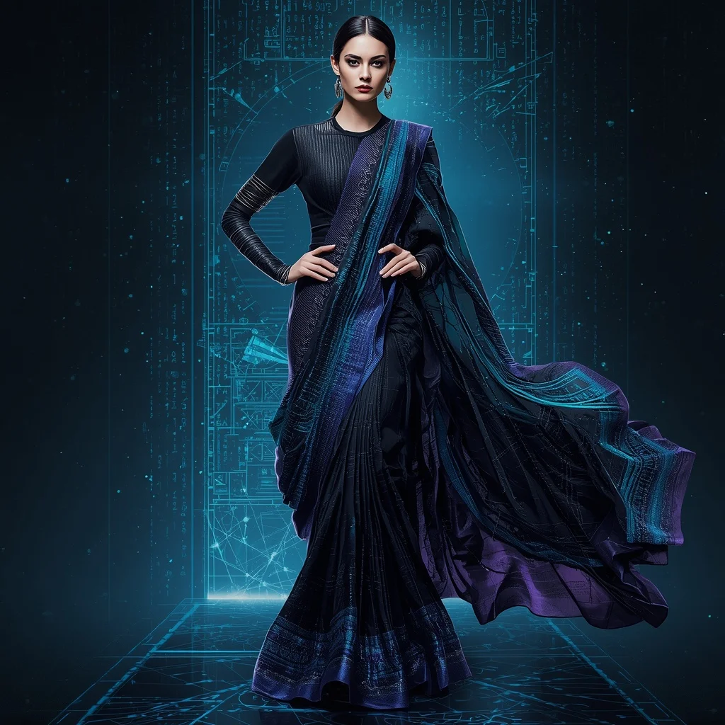 Quantum Silk Armor Saree with Holographic Data Collapse Field | Prompt For Girl Photo Editing