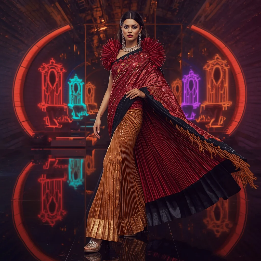 Quantum Solar Mirage Saree with Floating Neon Infinity Thrones | Film Grain Female Photography