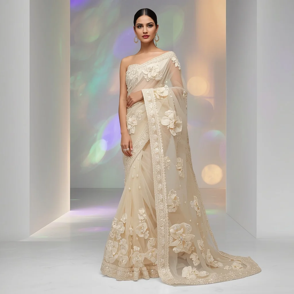 Radiant Pearl-Encrusted Organza Saree with Dramatic Halo Pallu | Grok Ai Prompt