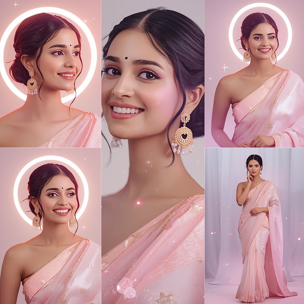 Radiant Pulse Halo Wave Pastel Saree Indian Woman Luxury Composition | Gemini Saree Prompt Photo