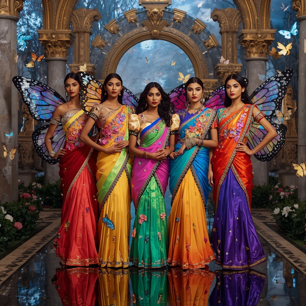 Rainbow Butterfly Couture Queens with Fantasy Garden Palace Background | Leonardo Ai Image Prompt