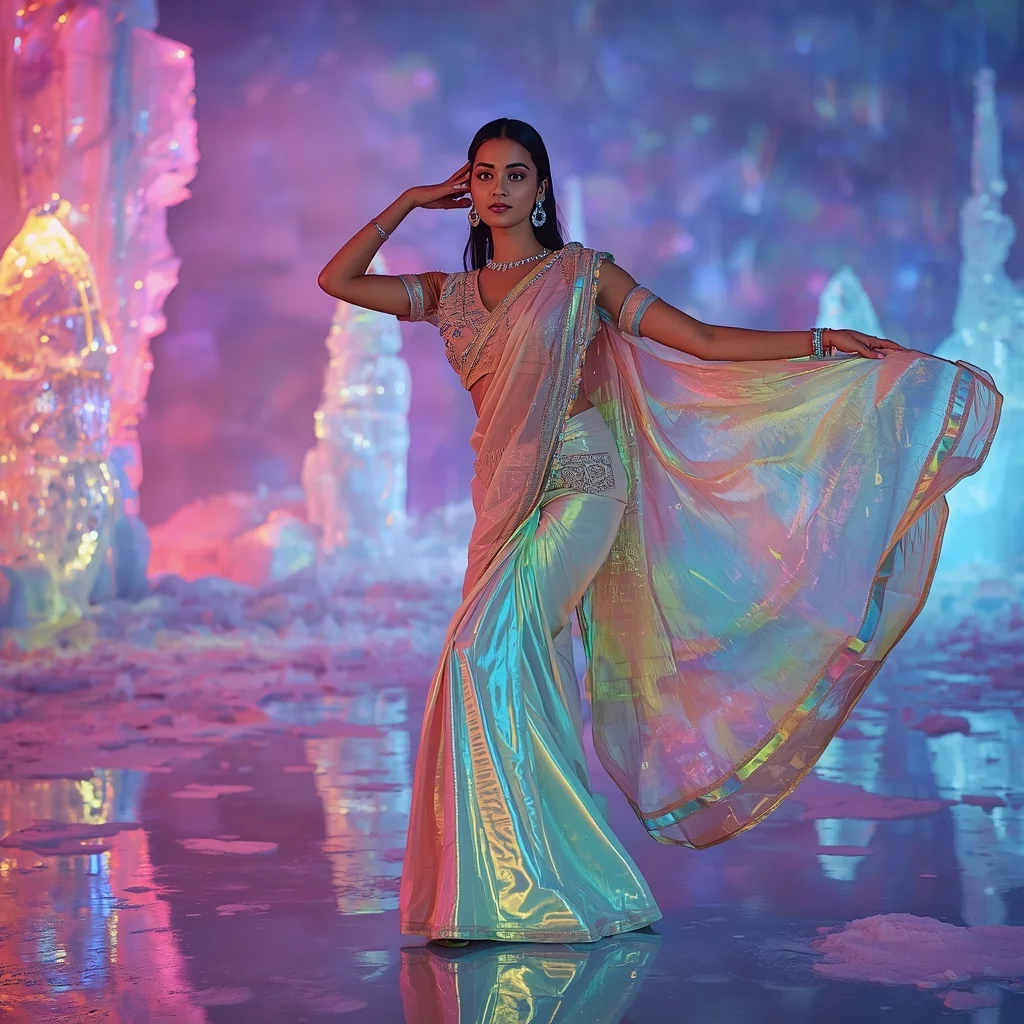 Rainbow Ice Aurora Saree – Heavy Festival Saree with Dance Pose and Frozen Aurora Reflection Palace Background | Midjourney Prompt List