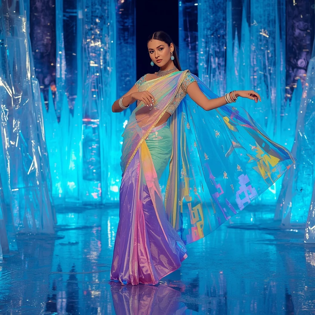 Rainbow Ice Mirage Saree – Heavy Festival Saree with Dance Pose and Frozen Mirage Reflection Palace Background | Stable Diffusion Prompt