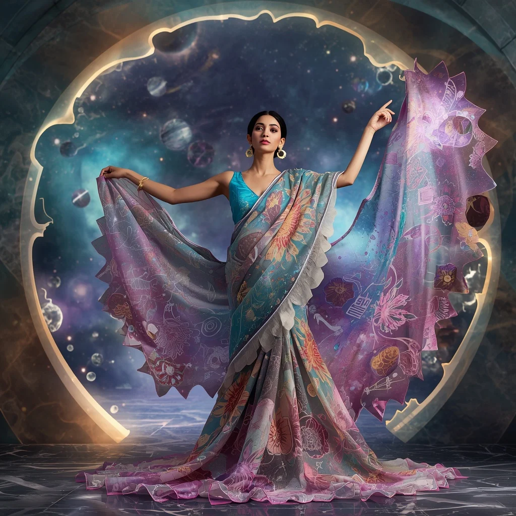 Reality Bloom Silk Saree with Dimensional Garden Portal | Gemini Ai Prompt For Girl