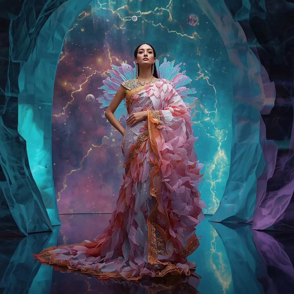 Reality Silk Fragment Bloom Saree with Dimensional Portal Universe | Fitness Model Ai Prompt