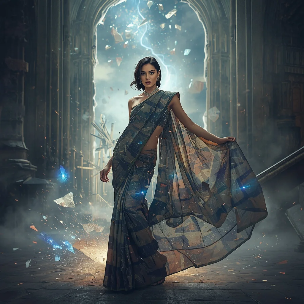 Reality Storm Silk Saree with Broken Dimension Cathedral | New Instagram Trend Prompt For Girl