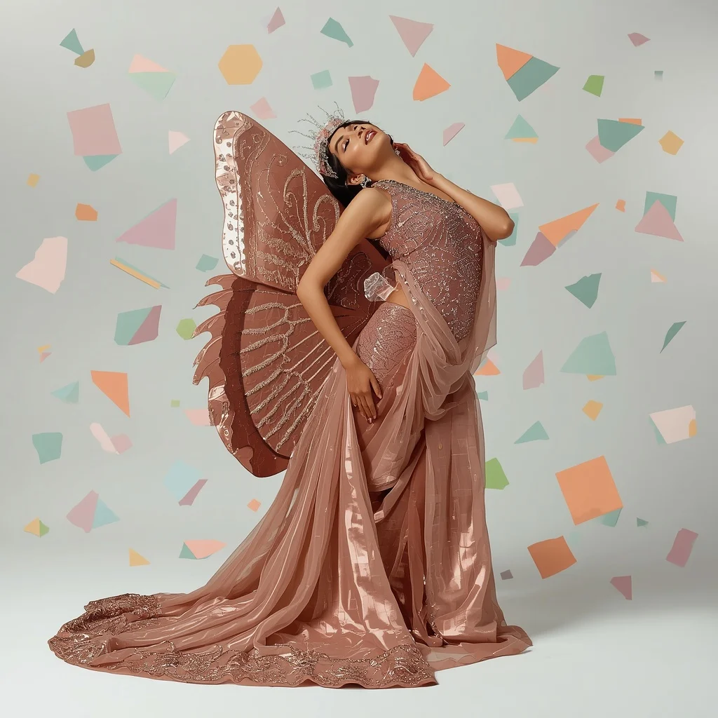 Rose Gold Crown Butterfly Saree Look with Dramatic Back-Bend Editorial Pose | Wedding Ai Prompt
