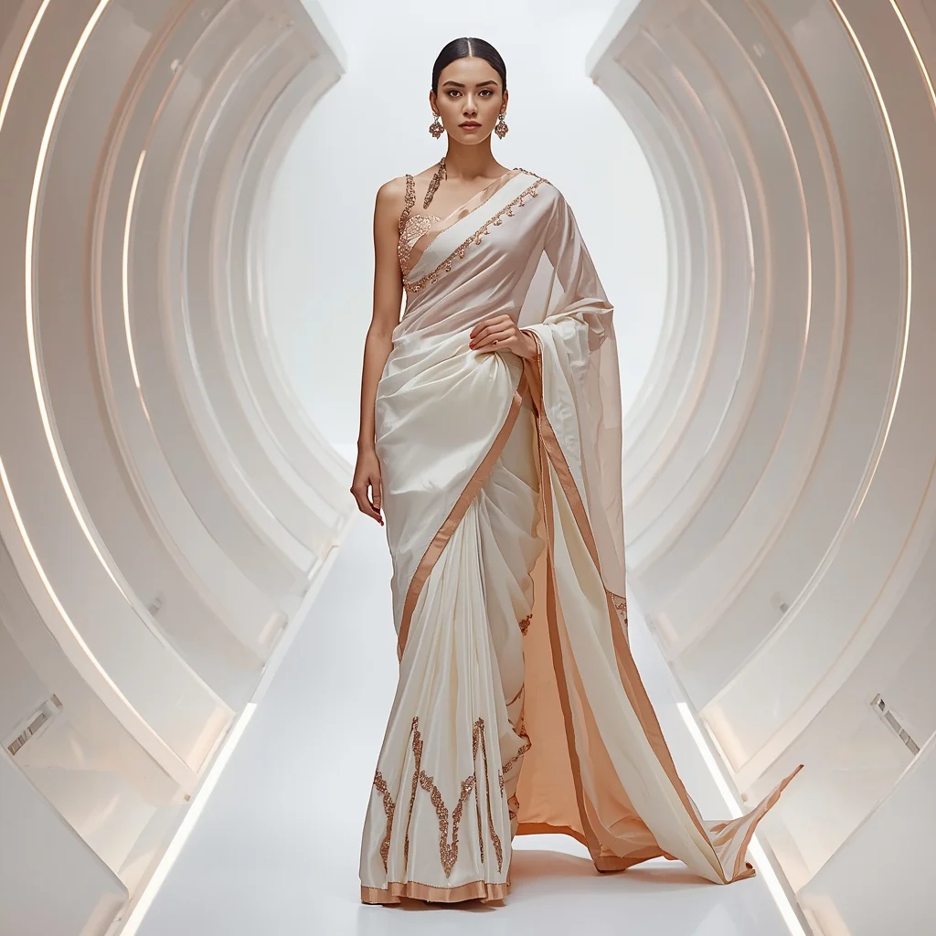 Rose Gold Crystal and White Geometric Saree in Light Pod | Instagram Story Ai Prompt