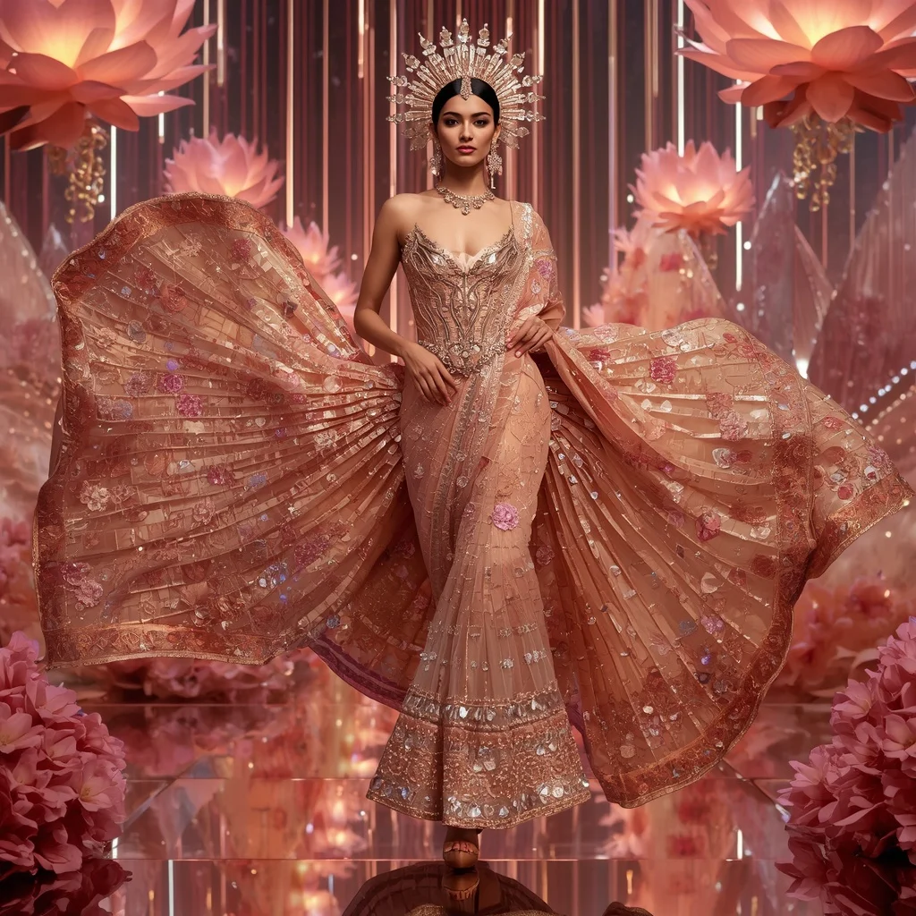 Rose Gold Crystal Lotus Saree with Floating Blossom Palaces and Aurora Garden Empire | Luxury Ai Prompt
