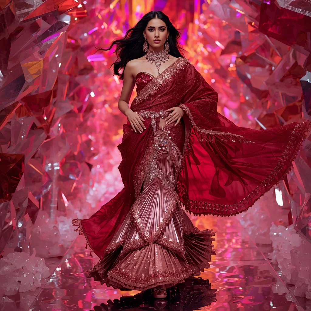 Rose Gold Inferno Fantasy Saree with Floating Crystal Corridors | Text To Image Prompt