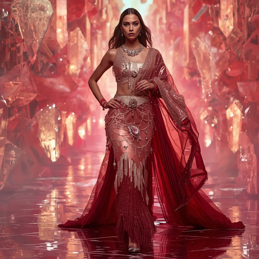 Rose Gold Inferno Fantasy Saree with Floating Crystal Hallways | Pre Wedding Ai Prompt