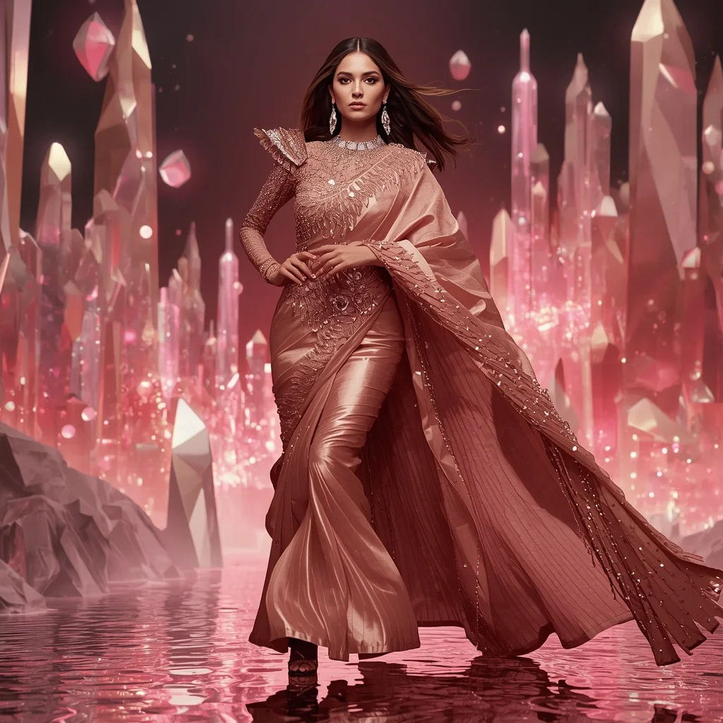 Rose Gold Inferno Saree with Floating Crystal Skyline Kingdom | Attitude Girl Prompt