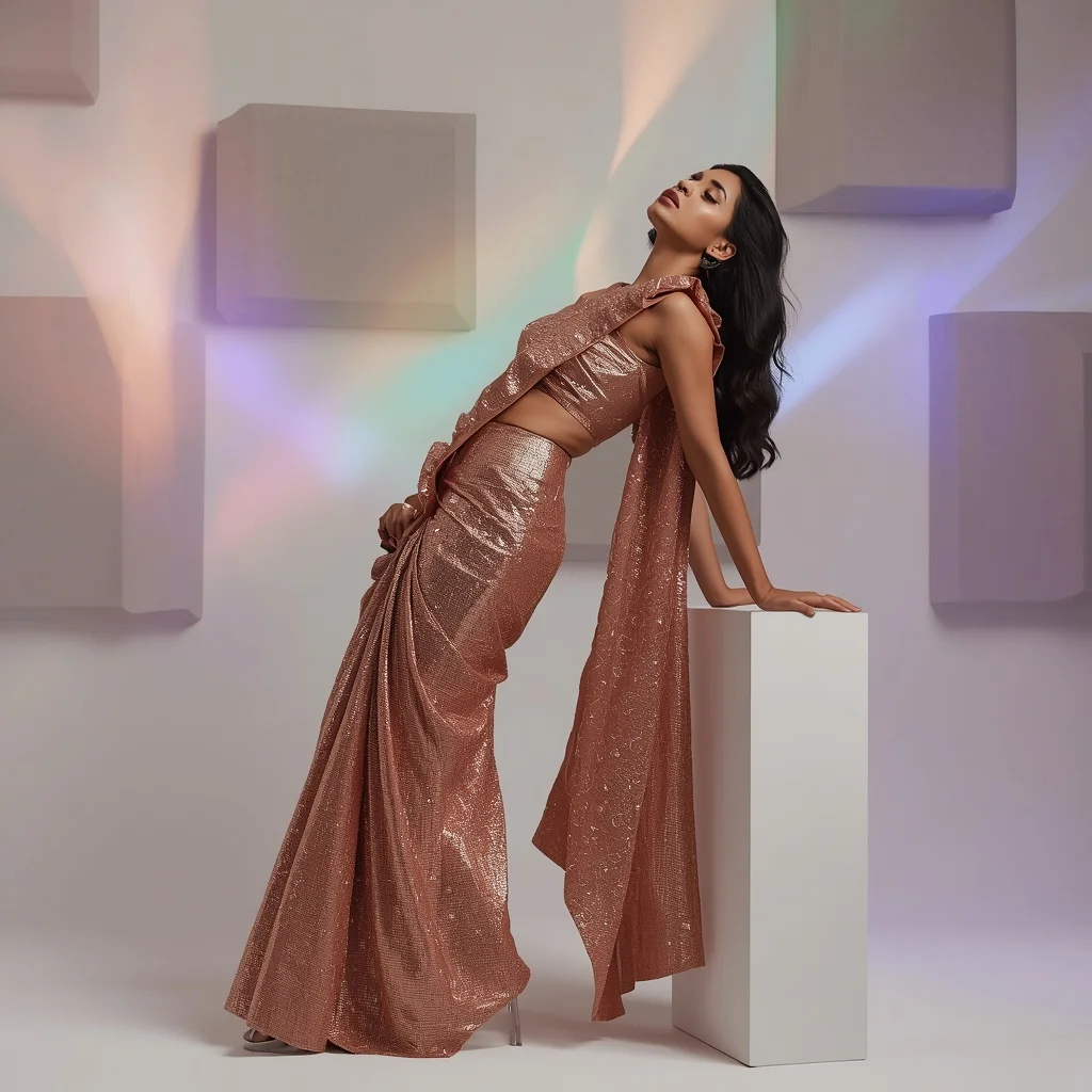 Rose Gold Liquid Sequin Saree with Structured Ruffle Pallu Design | Creative Ai Prompt