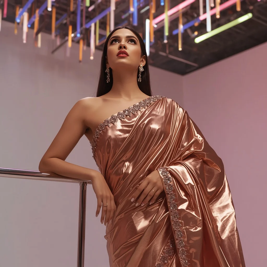 Rose Gold Metallic Foil Saree with Structural Avant-Garde Pleats | Prompt Image