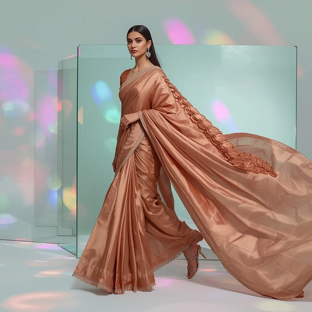 Rose Gold Metallic Tissue Saree with Sculpted Geometric Pallu | New Instagram Trend Prompt For Girl