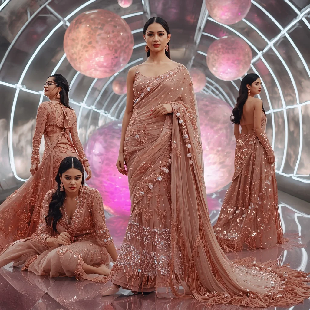 Rose Gold Mirage Saree with Floating Electric Crystal Domes | Prompt For Traditional Look For Girl ChatGPT