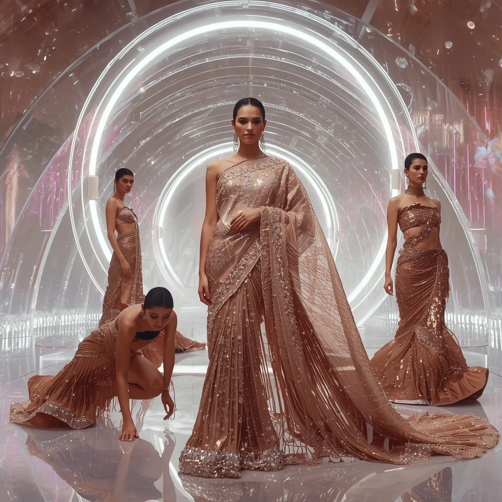 Rose Gold Mirage Saree with Floating Electric Crystal Orbit Gates | Face Ai Prompt