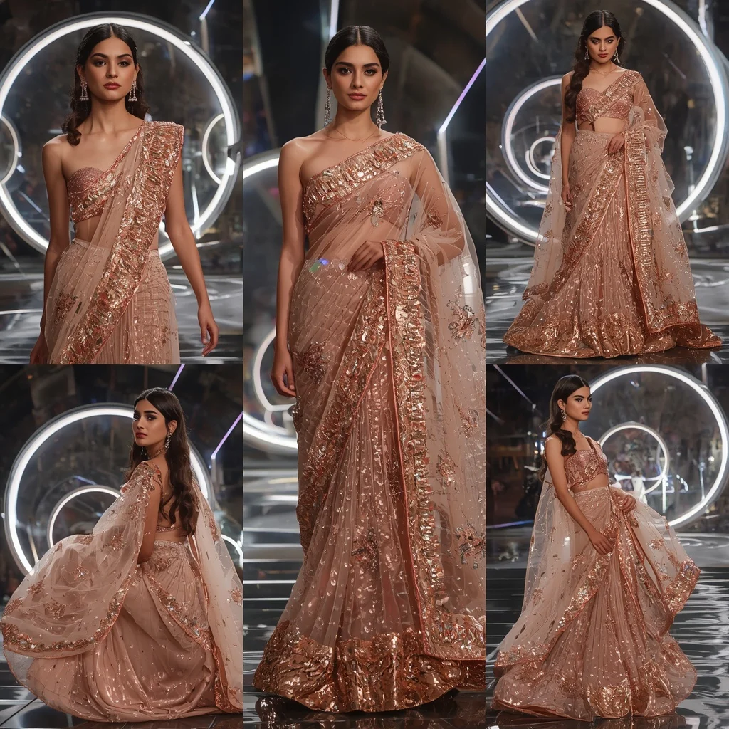 Rose Gold Mirage Saree with Floating Electric Orbit Sanctuaries | Secret Ai Prompt