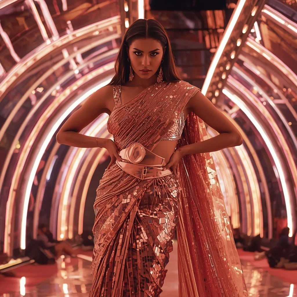 Rose Gold Shimmer and Shattered Mirror Saree in Neon Dome | Google Prompt