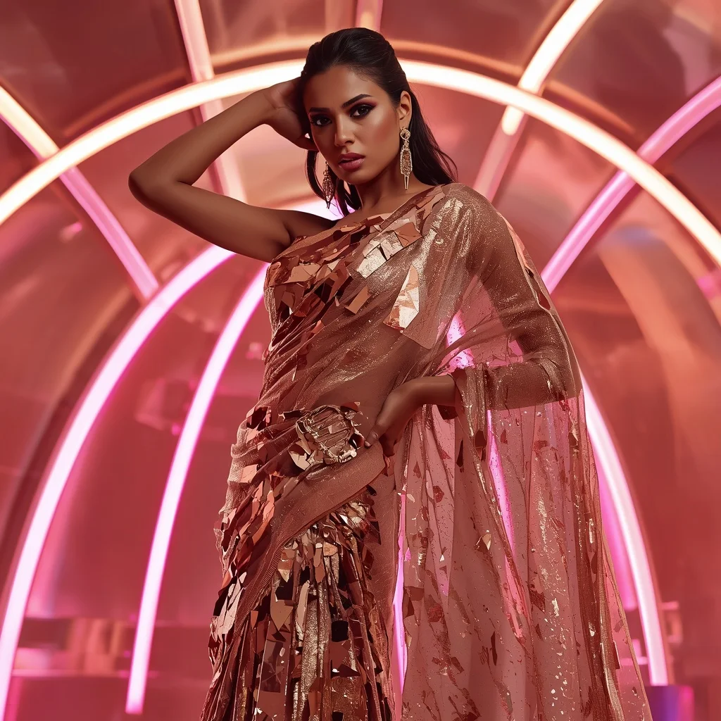 Rose Gold Shimmer and Shattered Mirror Saree with Neon Dome | Instagram Girl Gemini Prompt