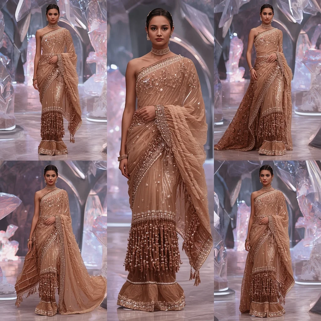 Rose Gold Thunder Saree with Floating Electric Crystal Sanctuaries | Viral Ai Image Prompt