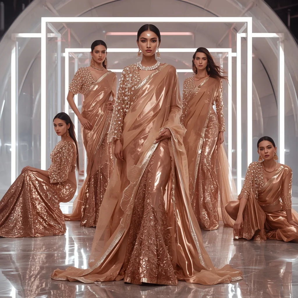 Rose Gold Thunder Saree with Floating Electric Frames | Gemini Ai Prompt For Girl