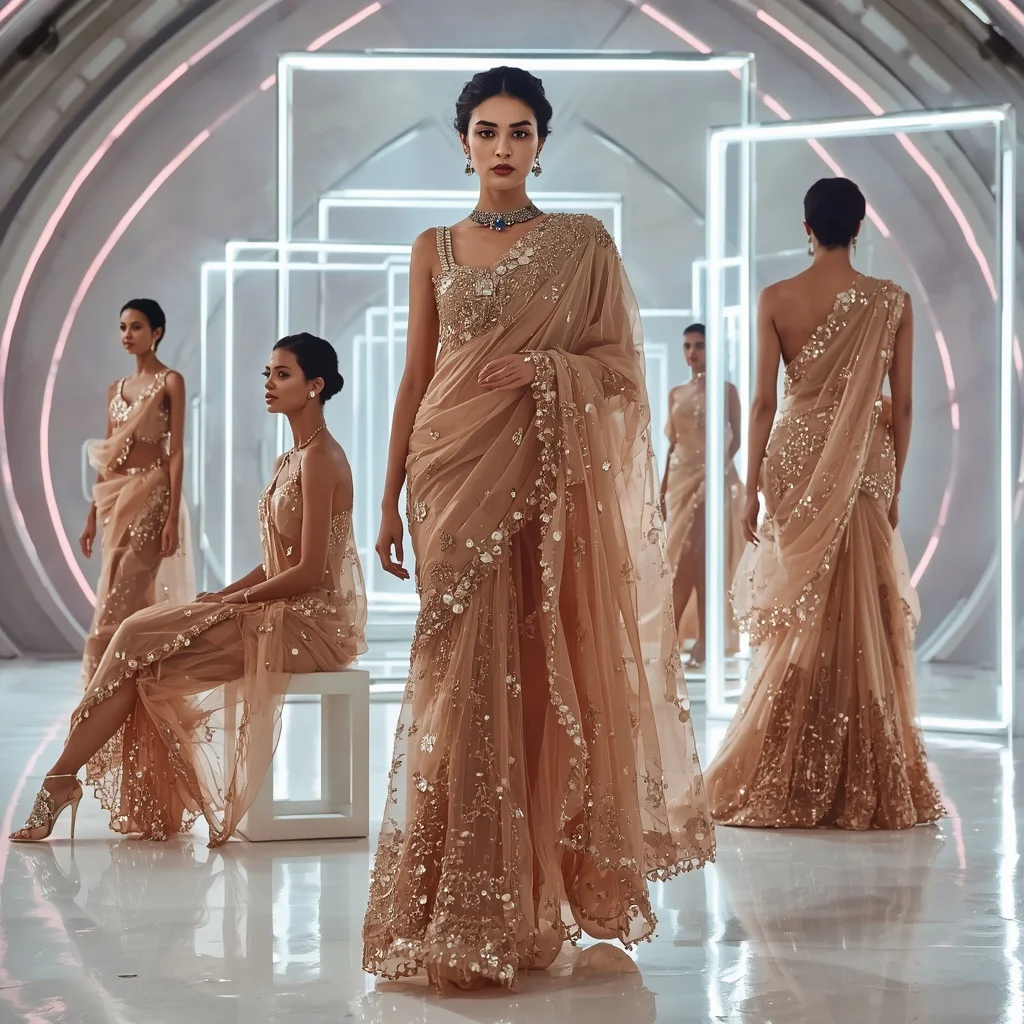 Rose Gold Thunder Saree with Floating Electric Frames | Pre Wedding Ai Prompt