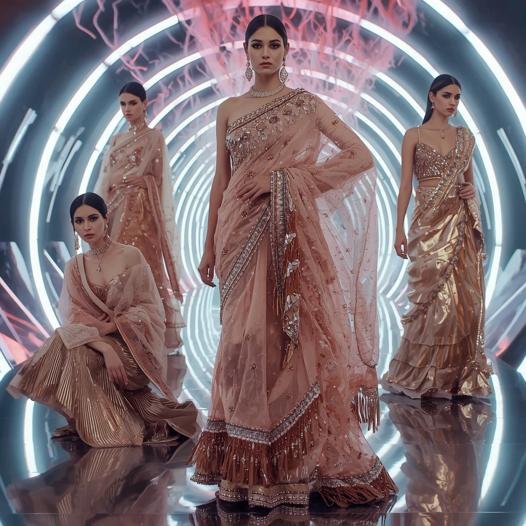 Rose Gold Thunder Saree with Floating Electric Orbit Corridors | Influencer Ai Prompt