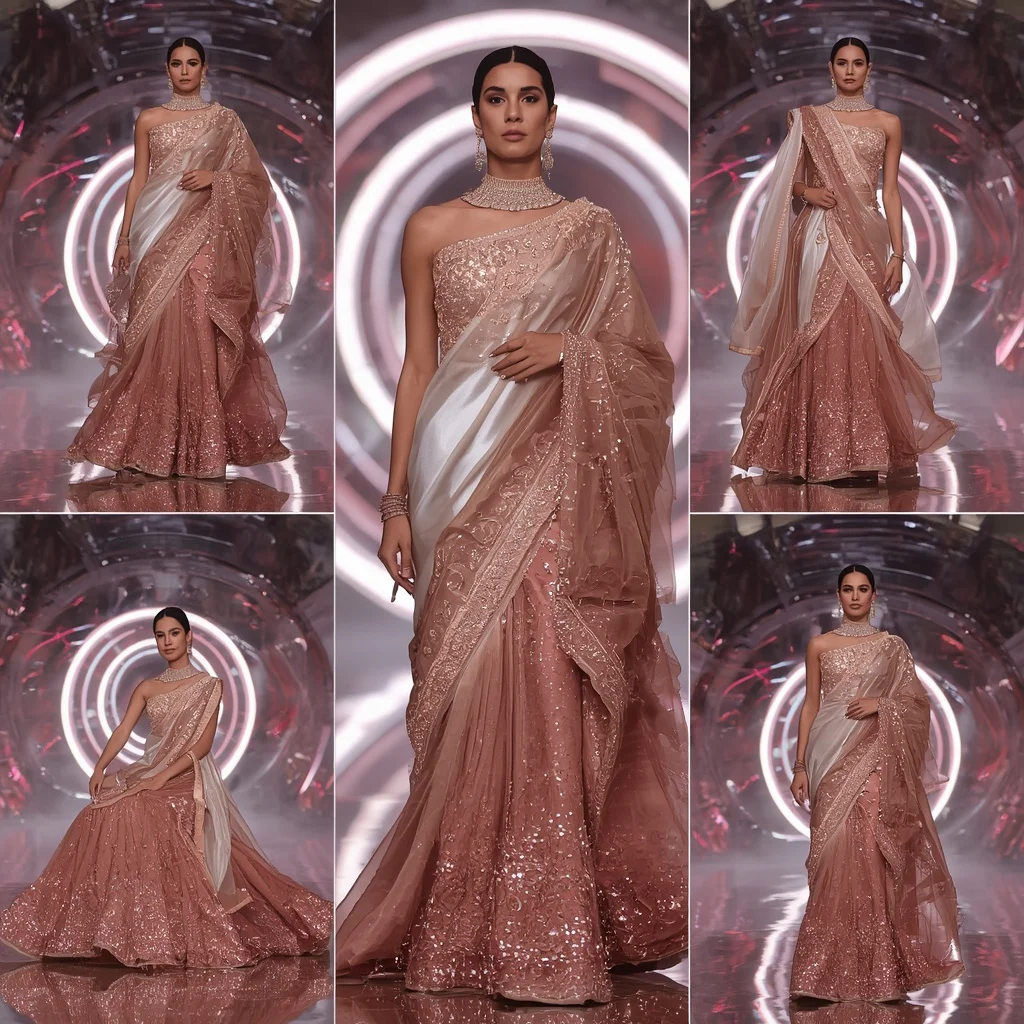 Rose Gold Thunder Saree with Floating Electric Rings | Ai Image Generator Prompt