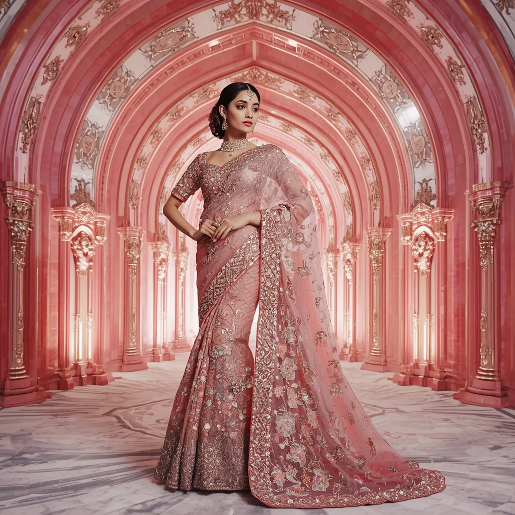 Rose Quartz Noor Dynasty Saree with Prism Velvet Royal Cathedral | Prompt For Gemini