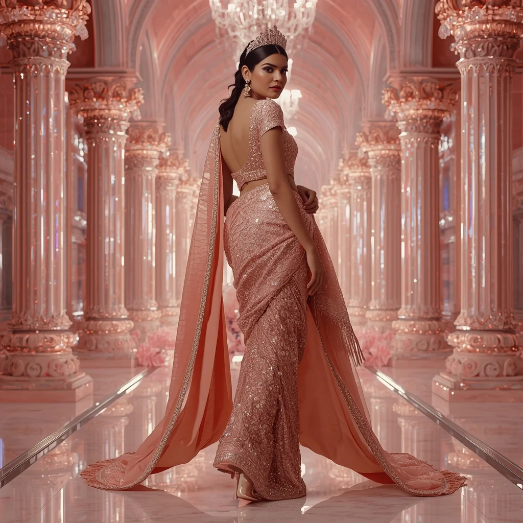 Rose Quartz Noor Empress Saree with Crystal Royal Dimensions and Infinity Cathedral Palace | Desi Girl Ai Prompt