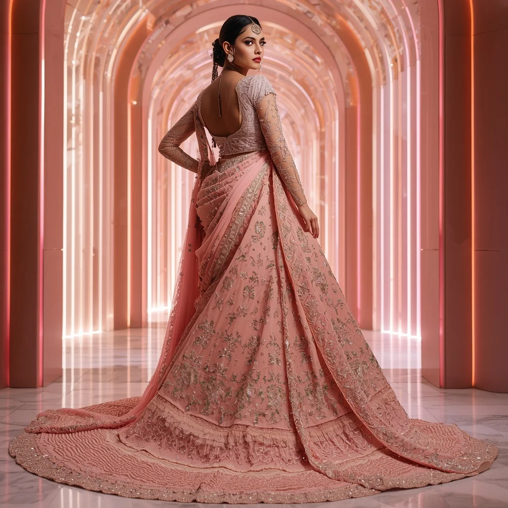 Rose Quartz Noor Palace Saree with Prism Velvet Royal Cathedral | New Instagram Trend Prompt For Girl Copy And Paste