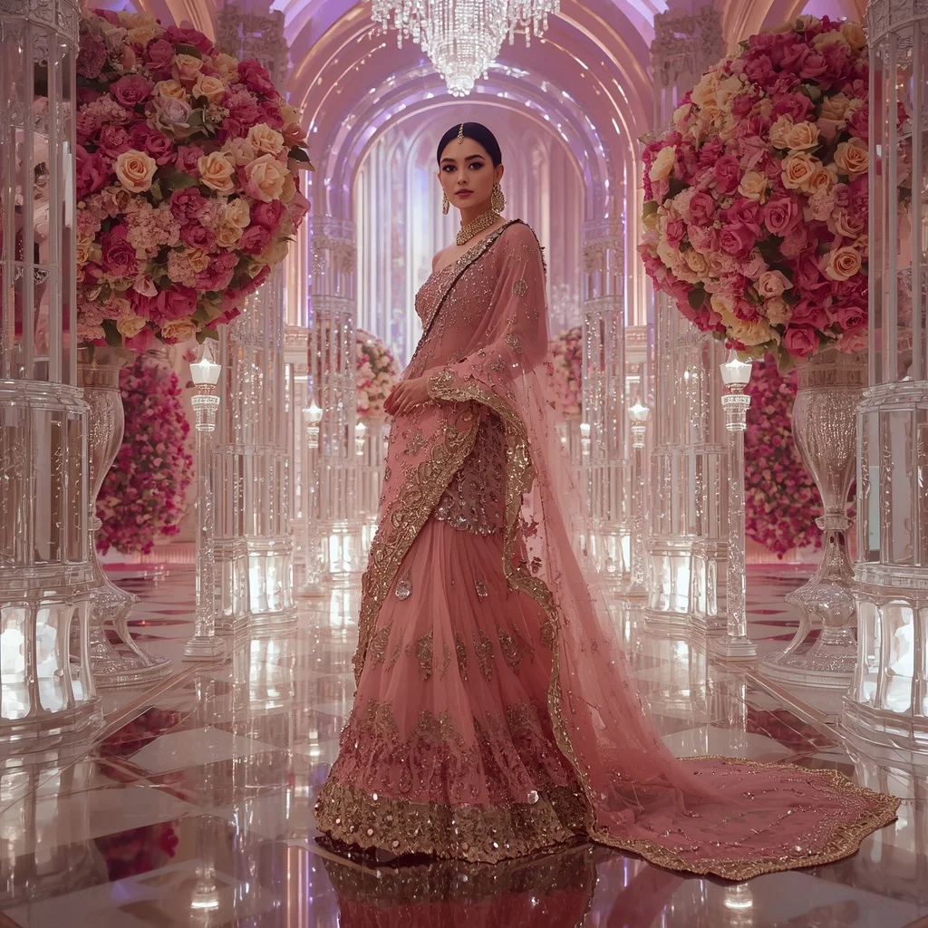 Rose Quartz Noor Queen Saree with Crystal Royal Universes and Infinity Cathedral Empire | Trending Prompt Girls ChatGPT